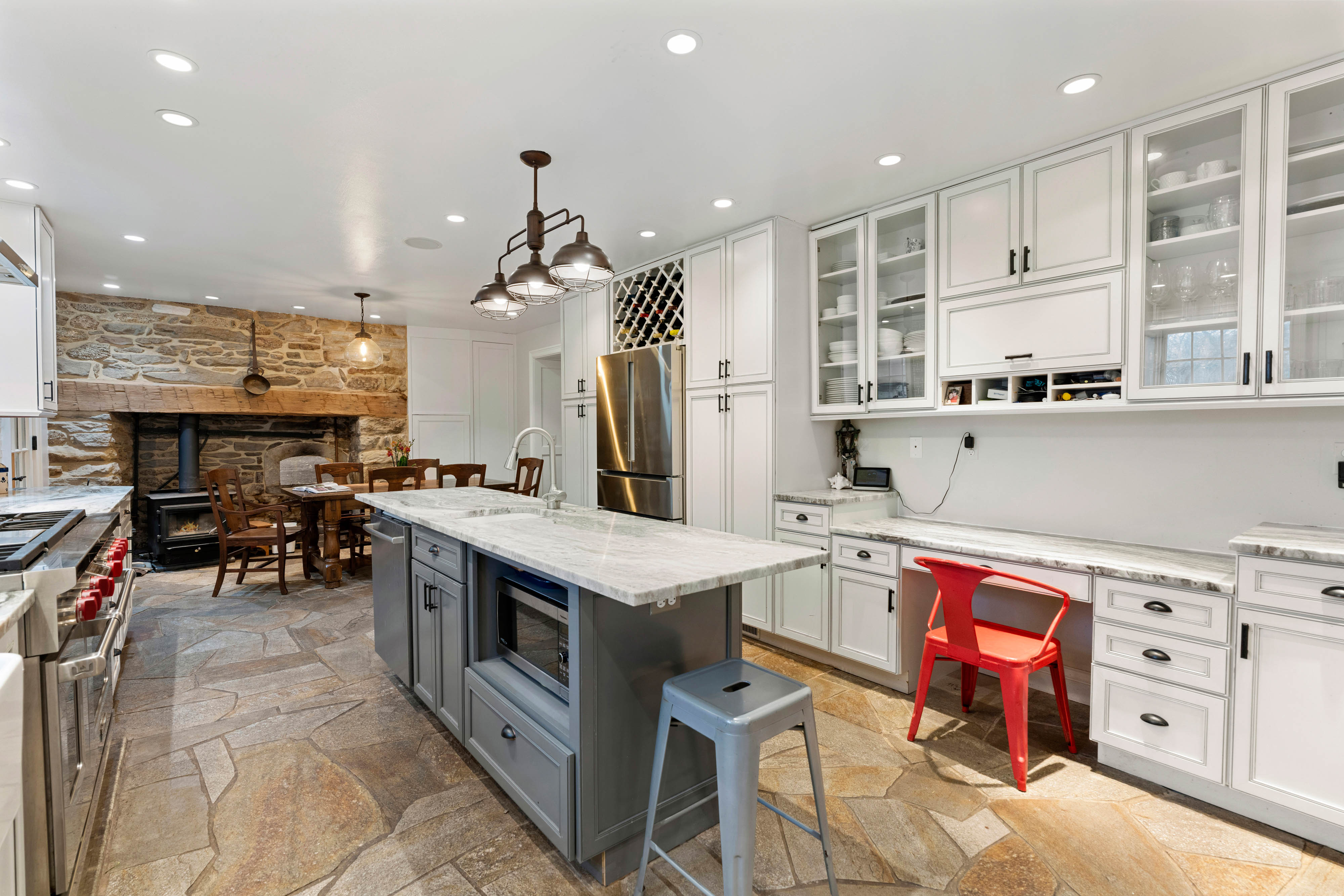 15314 PRICEVILLE ROAD, SPARKS GLENCOE, MD 21152 – Gourmet farmhouse kitchen with large center island, custom white cabinetry, and pendant lighting